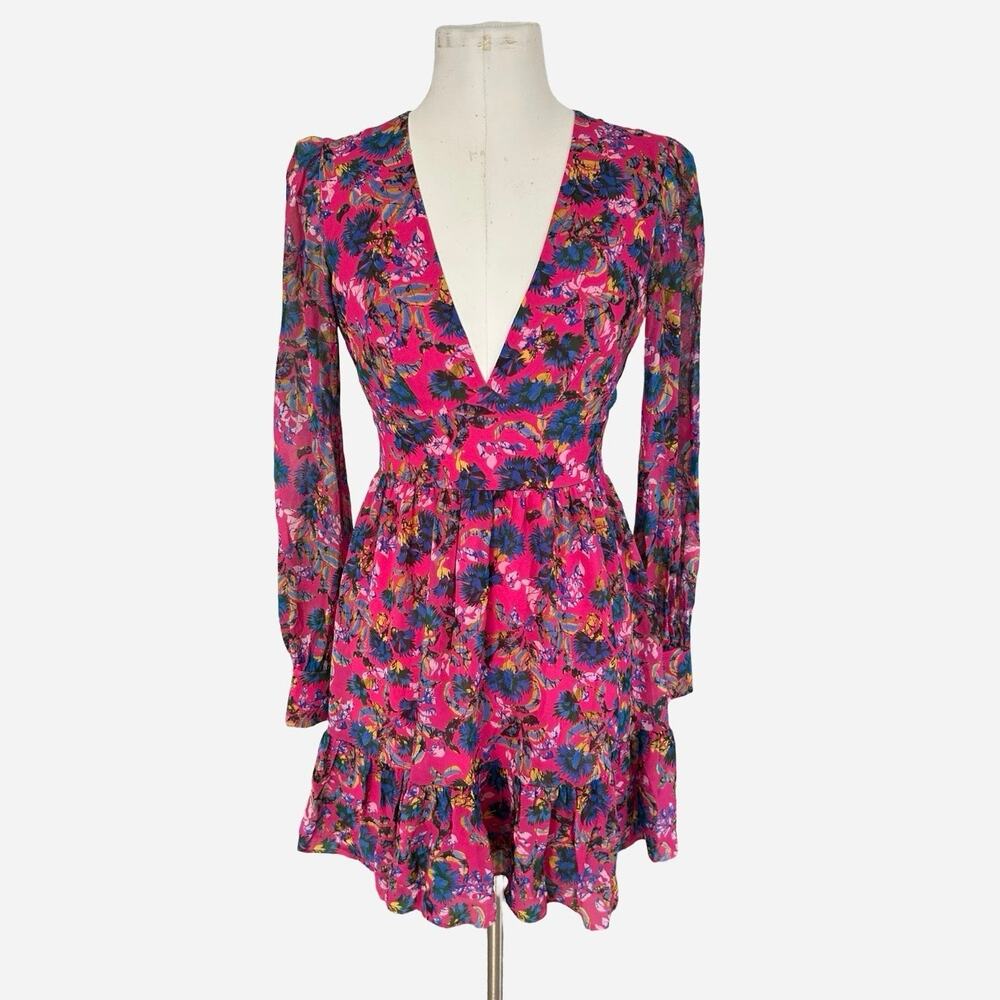 Saloni Pia Dress Size 4 Azalea Pink Floral Silk Ruffle Tiered Hem Long Sleeve